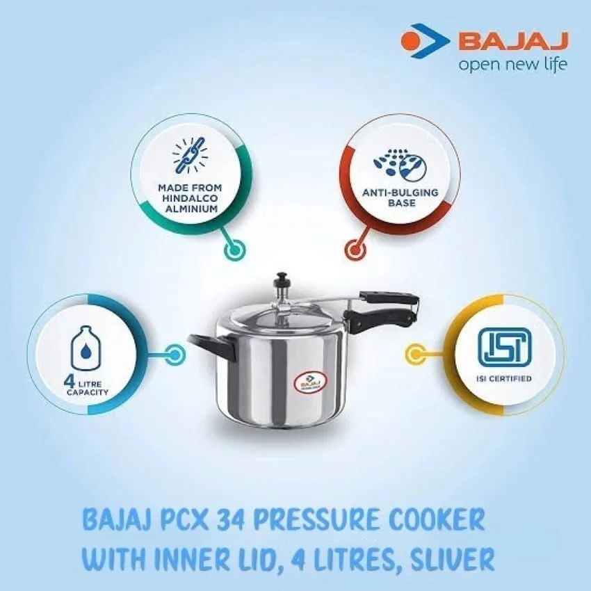BAJAJ by Bajaj PCX 34 4 L Pressure Cooker Handalco Aluminium BAJAJ by Bajaj PCX 34 4 L Pressure Cooker Handalco Aluminium