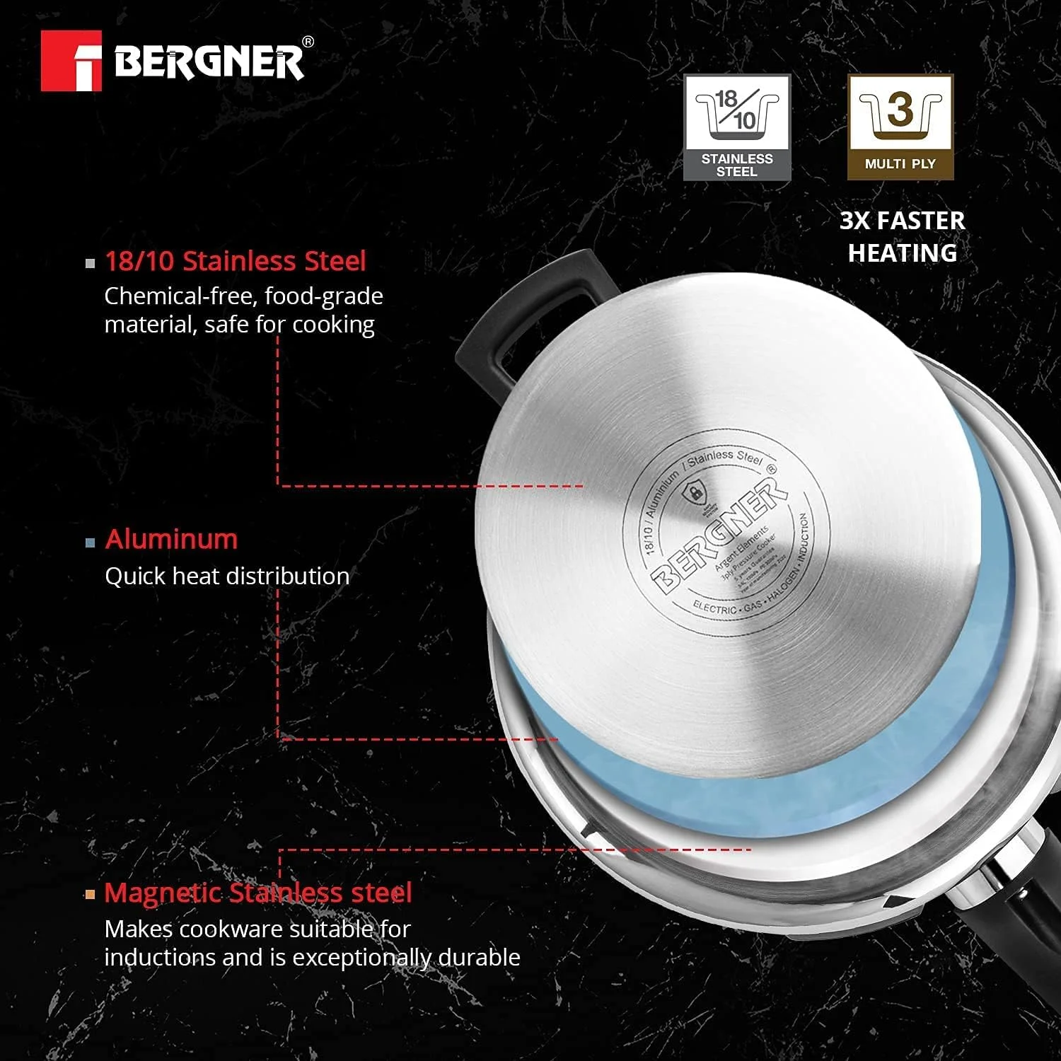 دیگ زودپز 2.5 لیتری برگنر مدل Argent Elements Triply با سیستم ایمنی سه گانه منحصر به فرد و نشانگر فشار دیگ زودپز 2.5 لیتری برگنر مدل Argent Elements Triply با سیستم ایمنی سه گانه منحصر به فرد و نشانگر فشار