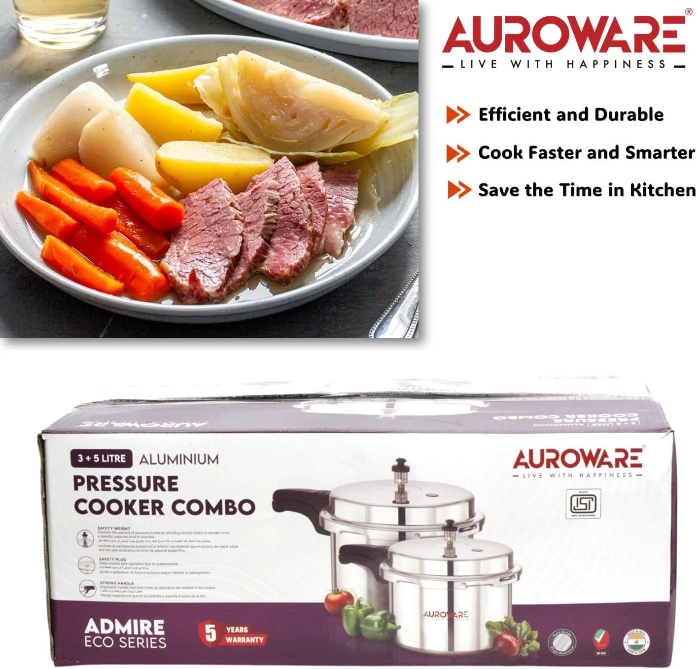 زودپز آلومینیومی Auroware با ظرفیت 5 + 3 لیتر، دسته قوی و مقاوم، مناسب برای پخت مرغ، برنج، گوشت گاو و غیره زودپز آلومینیومی Auroware با ظرفیت 5 + 3 لیتر، دسته قوی و مقاوم، مناسب برای پخت مرغ، برنج، گوشت گاو و غیره