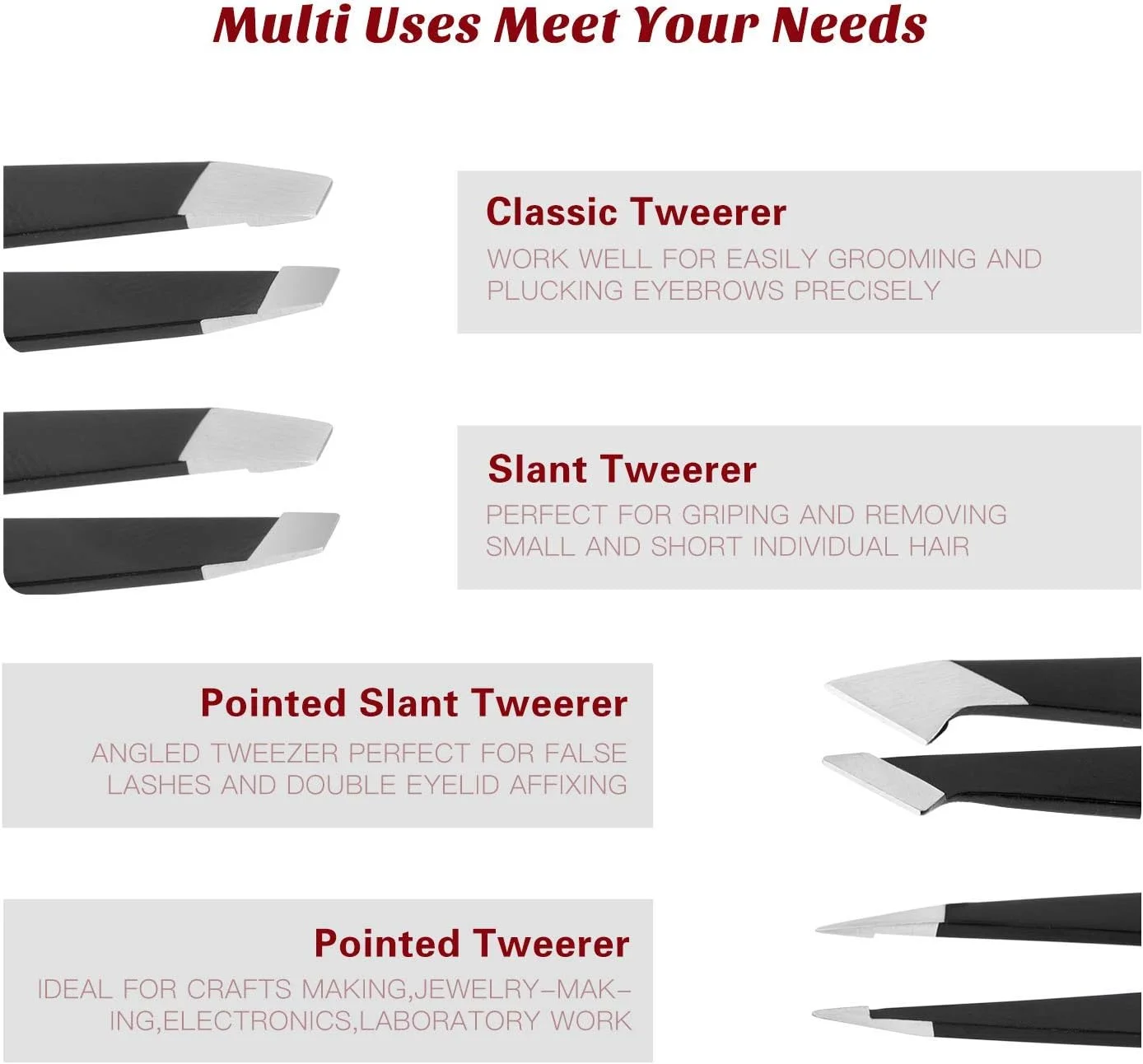 ست موچین Nnewvante - 5 عدد موچین استیل ضد زنگ حرفه ای با قیچی خمیده، بهترین موچین دقیق برای ابرو، برداشتن موهای زائد و موهای زیر پوستی به همراه کیف چرمی مسافرتی