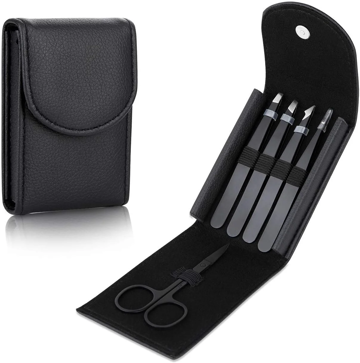 ست موچین Nnewvante - 5 عدد موچین استیل ضد زنگ حرفه ای با قیچی خمیده، بهترین موچین دقیق برای ابرو، برداشتن موهای زائد و موهای زیر پوستی به همراه کیف چرمی مسافرتی