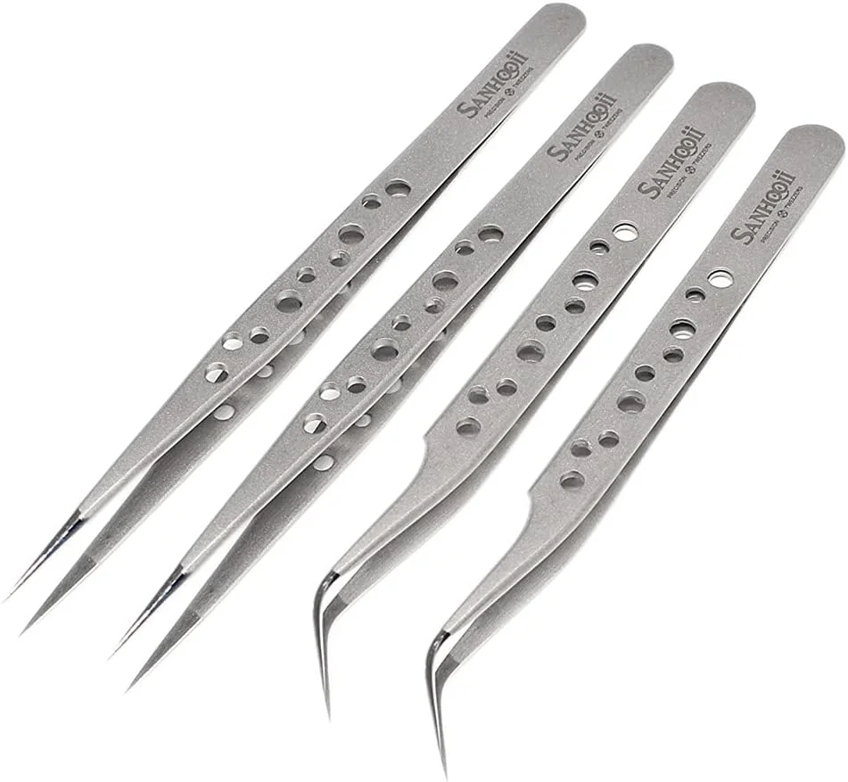 ست موچین Sanhooii شامل 4 عدد موچین ضد الکتریسیته ساکن از جنس استیل ضد زنگ دقیق ESD، 2 عدد صاف و 2 عدد خمیده برای ابزار تعمیرات الکترونیک، جواهرسازی، صنعت، نقره ای ست موچین Sanhooii شامل 4 عدد موچین ضد الکتریسیته ساکن از جنس استیل ضد زنگ دقیق ESD، 2 عدد صاف و 2 عدد خمیده برای ابزار تعمیرات الکترونیک، جواهرسازی، صنعت، نقره ای