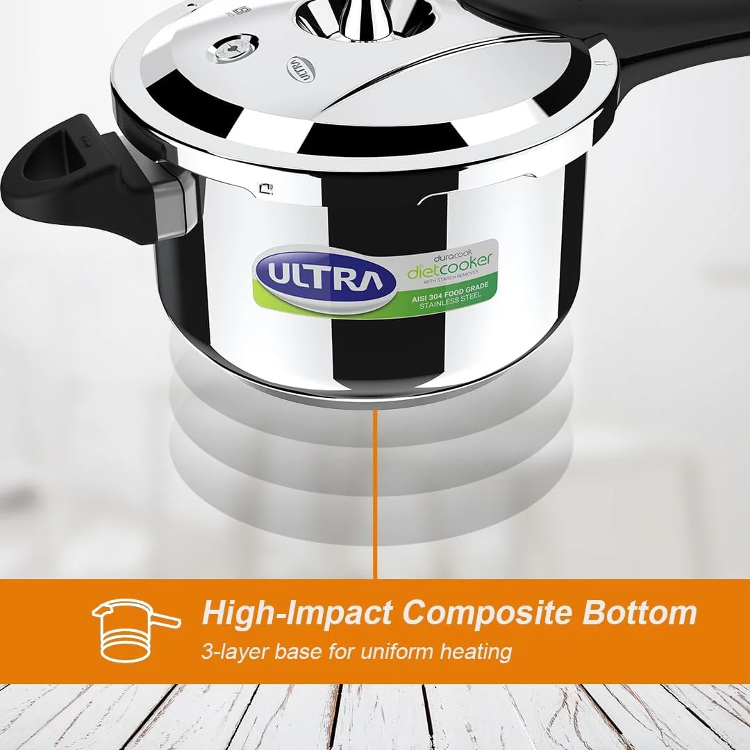 Ultra 3-Liter Duracook Dietcooker Stainless Steel Outer Lid Pressure Cooker with Starch Remover Ultra 3-Liter Duracook Dietcooker Stainless Steel Outer Lid Pressure Cooker with Starch Remover
