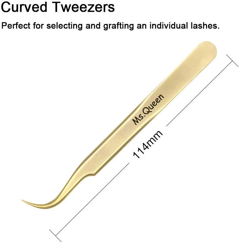 ست موچین اکستنشن مژه Ms.Queen - موچین های دقیق برای اکستنشن مژه های والیوم 2D-6D و تکی با کیف نگهداری PU - طلایی (موچین خمیده/M003-4)