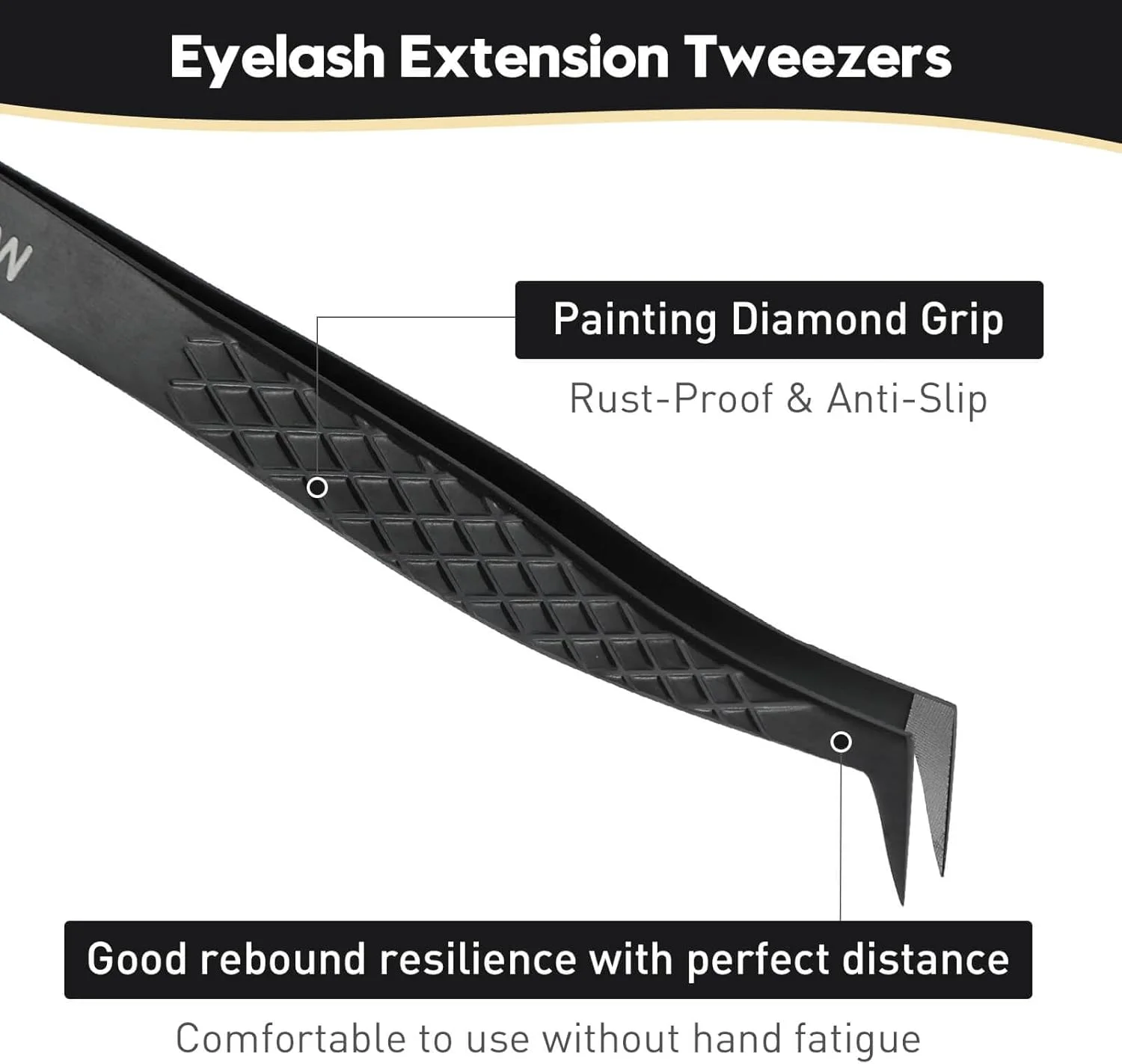 موچین مژه نوک فیبری Ms.Queen، موچین اکستنشن مژه L شکل با نوک الماسی دقیق، مشکی