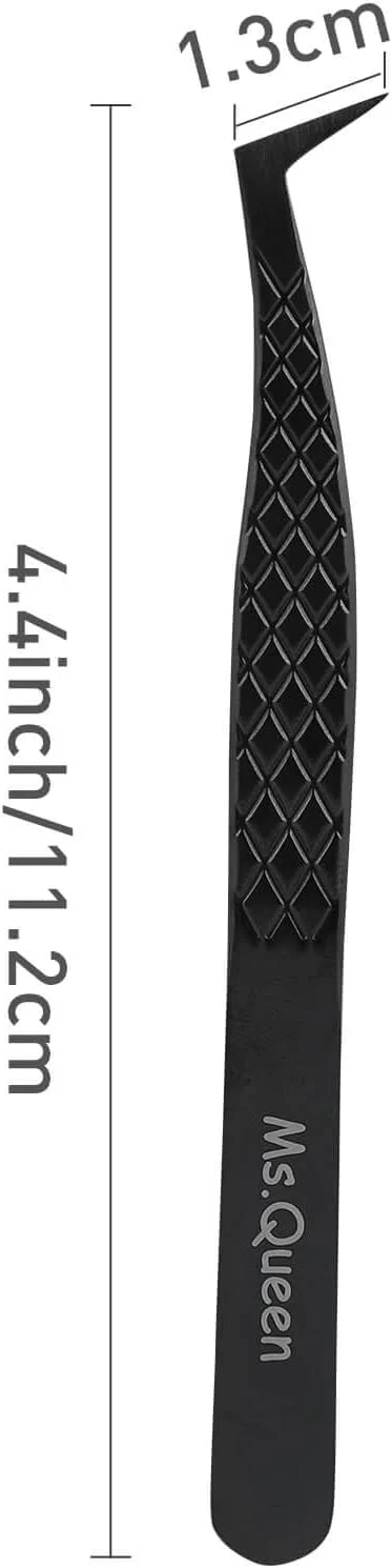 موچین مژه نوک فیبری Ms.Queen، موچین اکستنشن مژه L شکل با نوک الماسی دقیق، مشکی