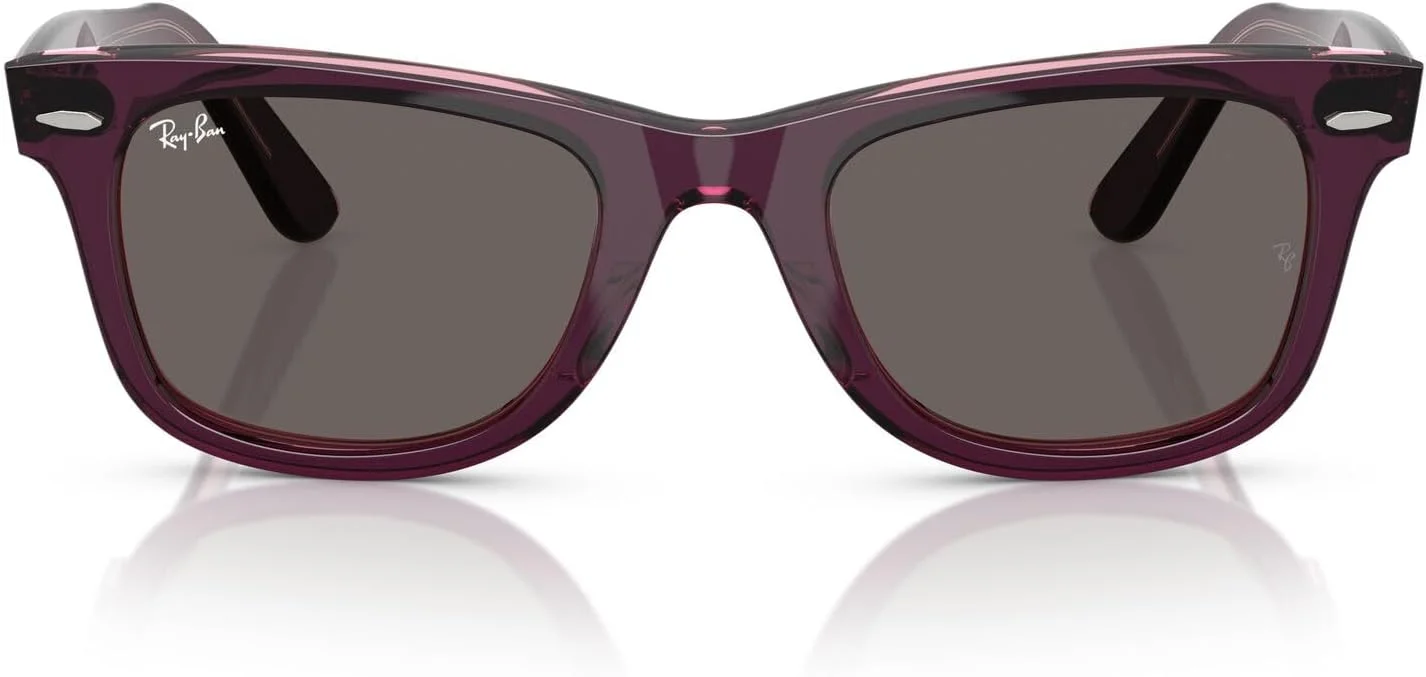 عینک آفتابی مربعی ری بن مدل RB2140F Wayfarer اصلی با فریم مناسب بینی های کوچک، بنفش روی صورتی شفاف، سایز 52 میلی متر