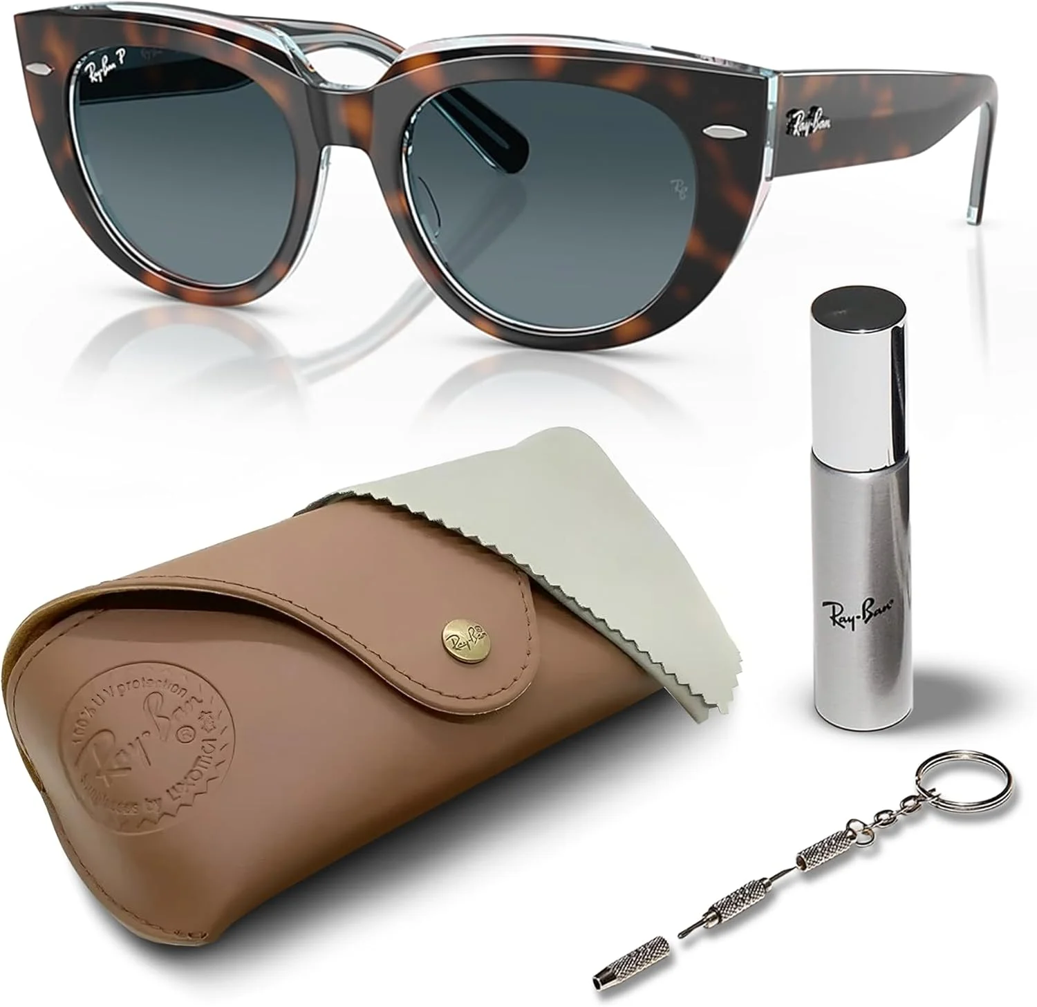 عینک آفتابی مربعی شکل ری-بن مدل RB2286 DOREEN به همراه بسته مراقبت رسمی عینک، هاوانای تیره روی فریم چند رنگ شفاف | لنز پلاریزه گرادیان آبی، 52