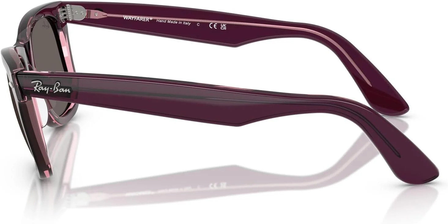 عینک آفتابی مربعی ری بن مدل RB2140F Wayfarer اصلی با فریم مناسب بینی های کوچک، بنفش روی صورتی شفاف، سایز 52 میلی متر عینک آفتابی مربعی ری بن مدل RB2140F Wayfarer اصلی با فریم مناسب بینی های کوچک، بنفش روی صورتی شفاف، سایز 52 میلی متر