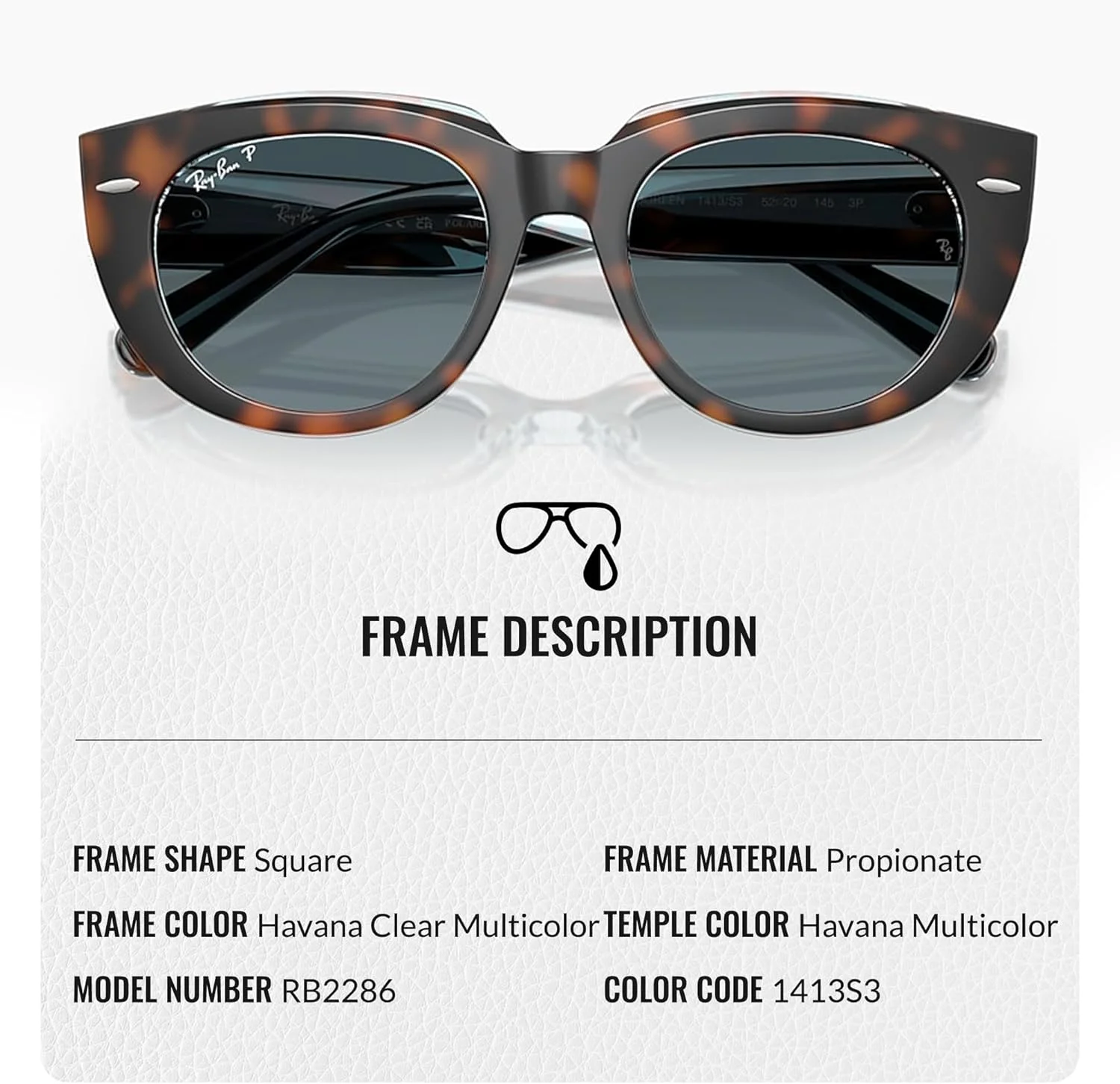 عینک آفتابی مربعی شکل ری-بن مدل RB2286 DOREEN به همراه بسته مراقبت رسمی عینک، هاوانای تیره روی فریم چند رنگ شفاف | لنز پلاریزه گرادیان آبی، 52