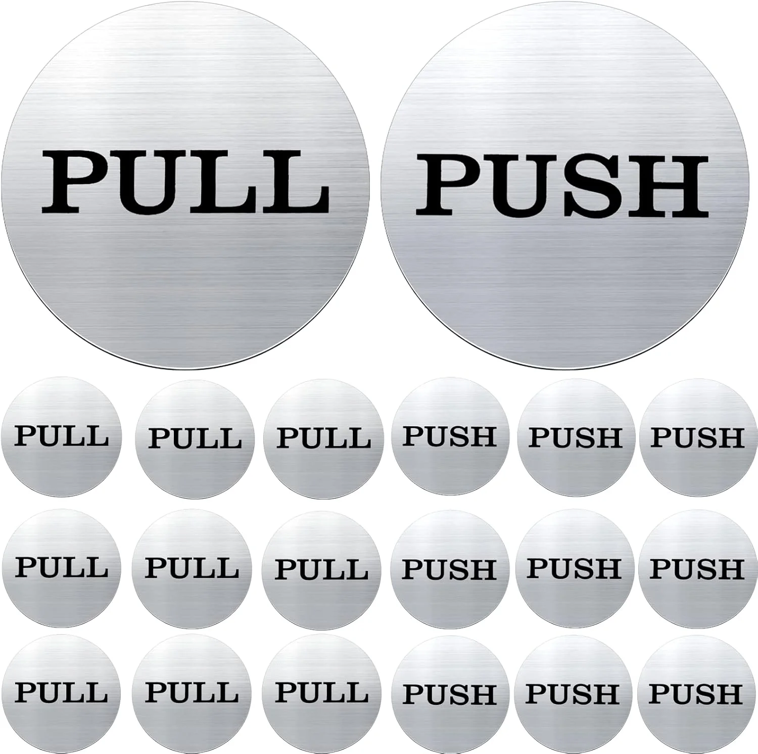 تابلوهای درِ فشاری و کششی گرد Sieral، 20 عدد، 2 اینچی، استیل ضد زنگ 304، برچسب های درِ کششی و فشاری، نقره ای مات، برچسب های ایمنی چسبی برای دفتر کار، خانه، پنجره، کافه، رستوران