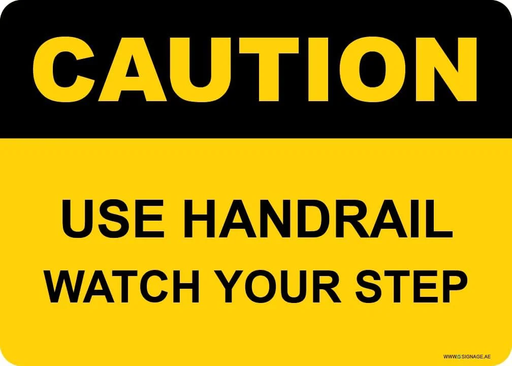 تابلو اعلانات جی - "از نرده استفاده کنید، مراقب پله باشید" - تابلوی احتیاط OSHA - اکریلیک - زیرلایه PRT - نصب با نوار
