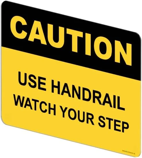 تابلو اعلانات جی - "از نرده استفاده کنید، مراقب پله باشید" - تابلوی احتیاط OSHA - اکریلیک - زیرلایه PRT - نصب با نوار