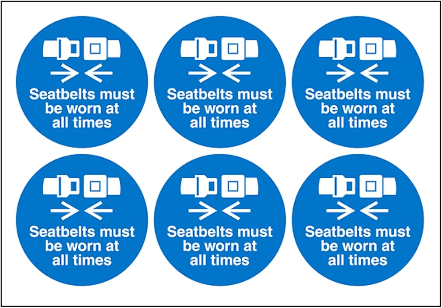برچسب های وینیل "کمربند ایمنی باید همیشه بسته باشد" روی یک برگه، قطر 65 میلی متر - وینیل خود چسب - برگه 6 تایی علامت ایمنی