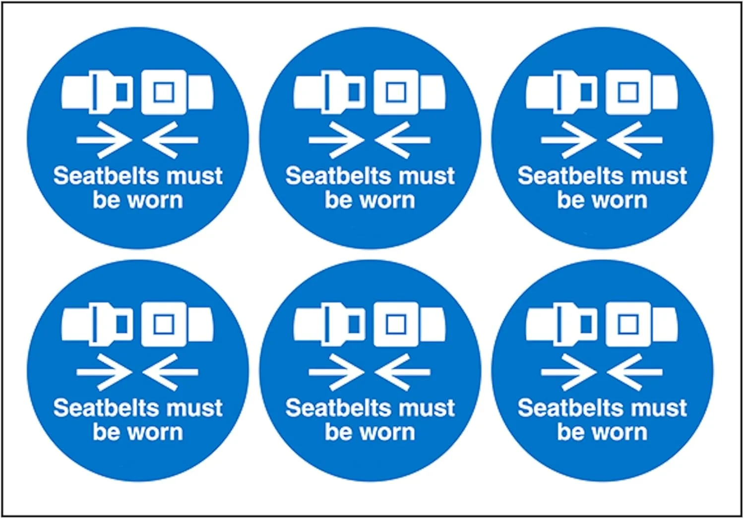 برچسب های وینیل با علامت "استفاده از کمربند ایمنی الزامی است" روی برگه، قطر 65 میلی متر - وینیل خود چسب - برگه شامل 6 علامت ایمنی