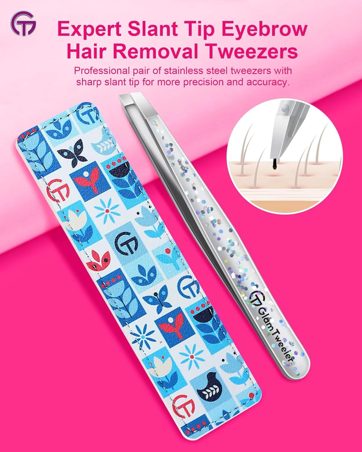 موچین حرفه ای برداشتن موی ابرو با کیف چرمی، موچین استیل ضد زنگ نوک اریب با دقت بالا GlamTweeler برای آقایان و بانوان (نقره ای براق) موچین حرفه ای برداشتن موی ابرو با کیف چرمی، موچین استیل ضد زنگ نوک اریب با دقت بالا GlamTweeler برای آقایان و بانوان (نقره ای براق)