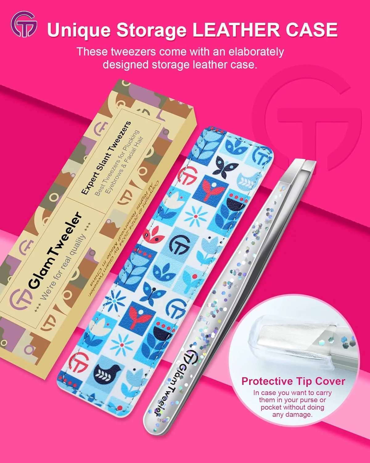 موچین حرفه ای برداشتن موی ابرو با کیف چرمی، موچین استیل ضد زنگ نوک اریب با دقت بالا GlamTweeler برای آقایان و بانوان (نقره ای براق) موچین حرفه ای برداشتن موی ابرو با کیف چرمی، موچین استیل ضد زنگ نوک اریب با دقت بالا GlamTweeler برای آقایان و بانوان (نقره ای براق)