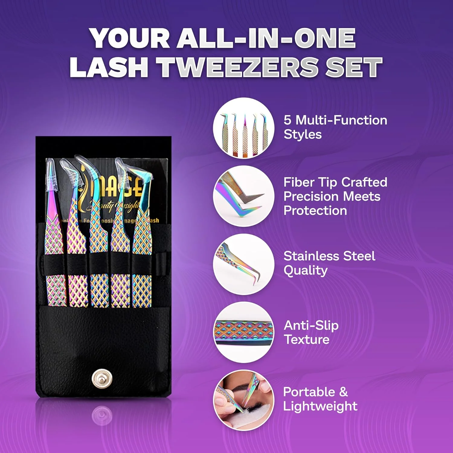 ست موچین مژه فولاد ژاپنی IMAGE شامل 5 عدد با کیف چرمی، موچین مژه حرفه ای برای اکستنشن مژه - نوک های روکش تیتانیوم، 90 و 45 درجه، موچین اکستنشن مژه نوک تیز (چند رنگ) ست موچین مژه فولاد ژاپنی IMAGE شامل 5 عدد با کیف چرمی، موچین مژه حرفه ای برای اکستنشن مژه - نوک های روکش تیتانیوم، 90 و 45 درجه، موچین اکستنشن مژه نوک تیز (چند رنگ)