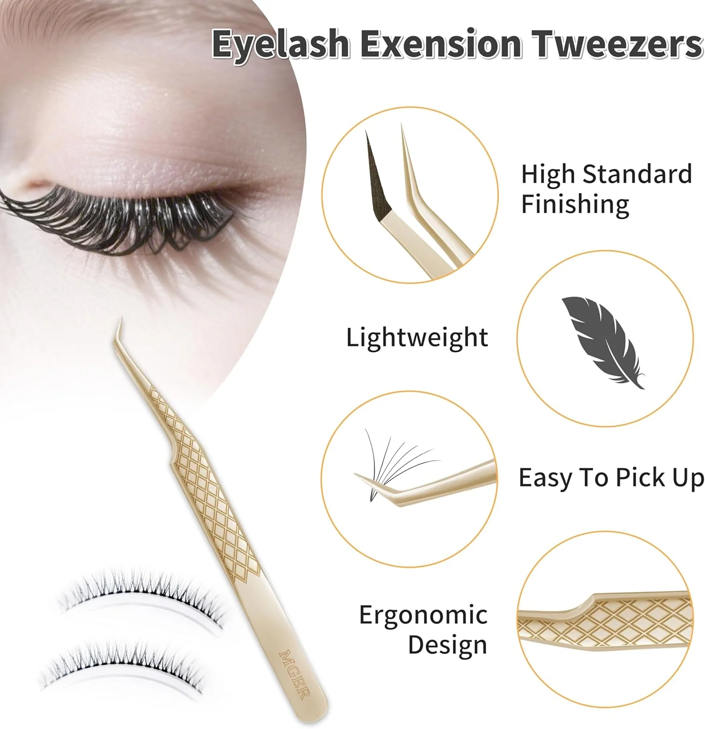 موچین مژه MGER برای اکستنشن مژه، الماس گیره 45 درجه نوک فیبر موچین اکستنشن مژه والیوم، طلایی (موچین 45 درجه) موچین مژه MGER برای اکستنشن مژه، الماس گیره 45 درجه نوک فیبر موچین اکستنشن مژه والیوم، طلایی (موچین 45 درجه)