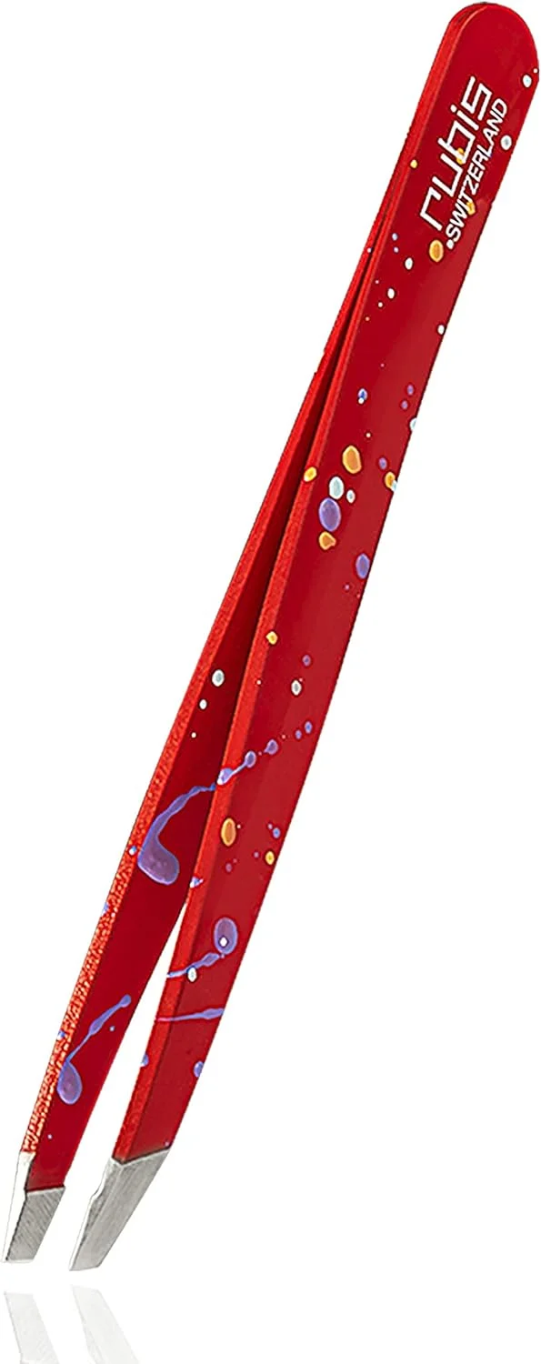 Rubis Tweezers Action Painting - Oblique, Fine and Pointed - Tweezers for Eyebrow Plucking - Slanted Tip for Hair Removal - Professional Tweezers - Red Rubis Tweezers Action Painting - Oblique, Fine and Pointed - Tweezers for Eyebrow Plucking - Slanted Tip for Hair Removal - Professional Tweezers - Red