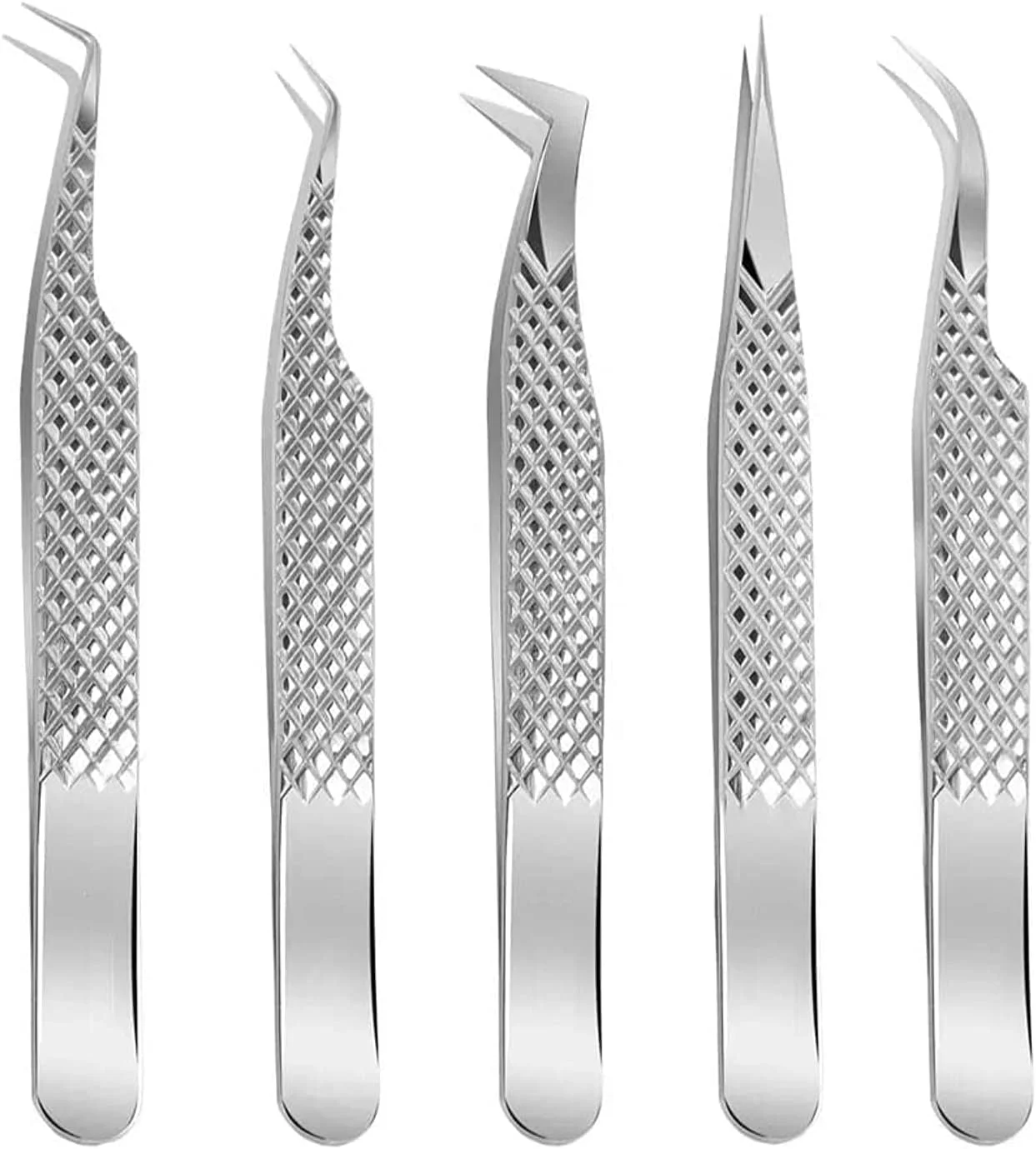 ست موچین اکستنشن مژه LOZZBY، مجموعه 5 عددی ابزار استیل ضد زنگ ژاپنی، نوک زاویه دار 90D 45D (درجه)، موچین های والیوم، صاف و خمیده (نقره ای) طرح الماس ست موچین اکستنشن مژه LOZZBY، مجموعه 5 عددی ابزار استیل ضد زنگ ژاپنی، نوک زاویه دار 90D 45D (درجه)، موچین های والیوم، صاف و خمیده (نقره ای) طرح الماس