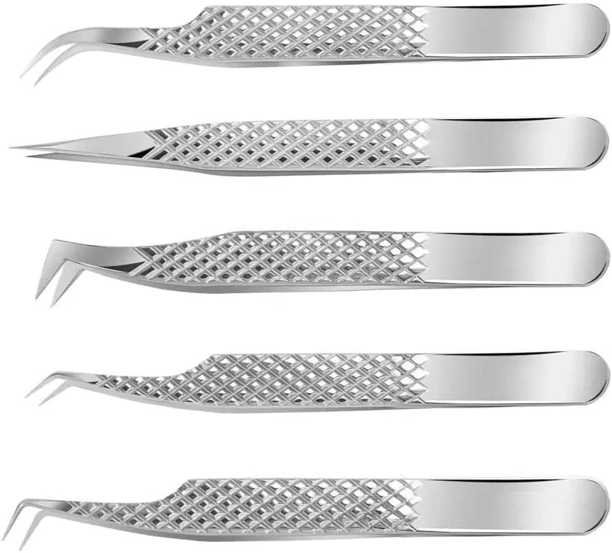 ست موچین اکستنشن مژه LOZZBY، مجموعه 5 عددی ابزار استیل ضد زنگ ژاپنی، نوک زاویه دار 90D 45D (درجه)، موچین های والیوم، صاف و خمیده (نقره ای) طرح الماس ست موچین اکستنشن مژه LOZZBY، مجموعه 5 عددی ابزار استیل ضد زنگ ژاپنی، نوک زاویه دار 90D 45D (درجه)، موچین های والیوم، صاف و خمیده (نقره ای) طرح الماس