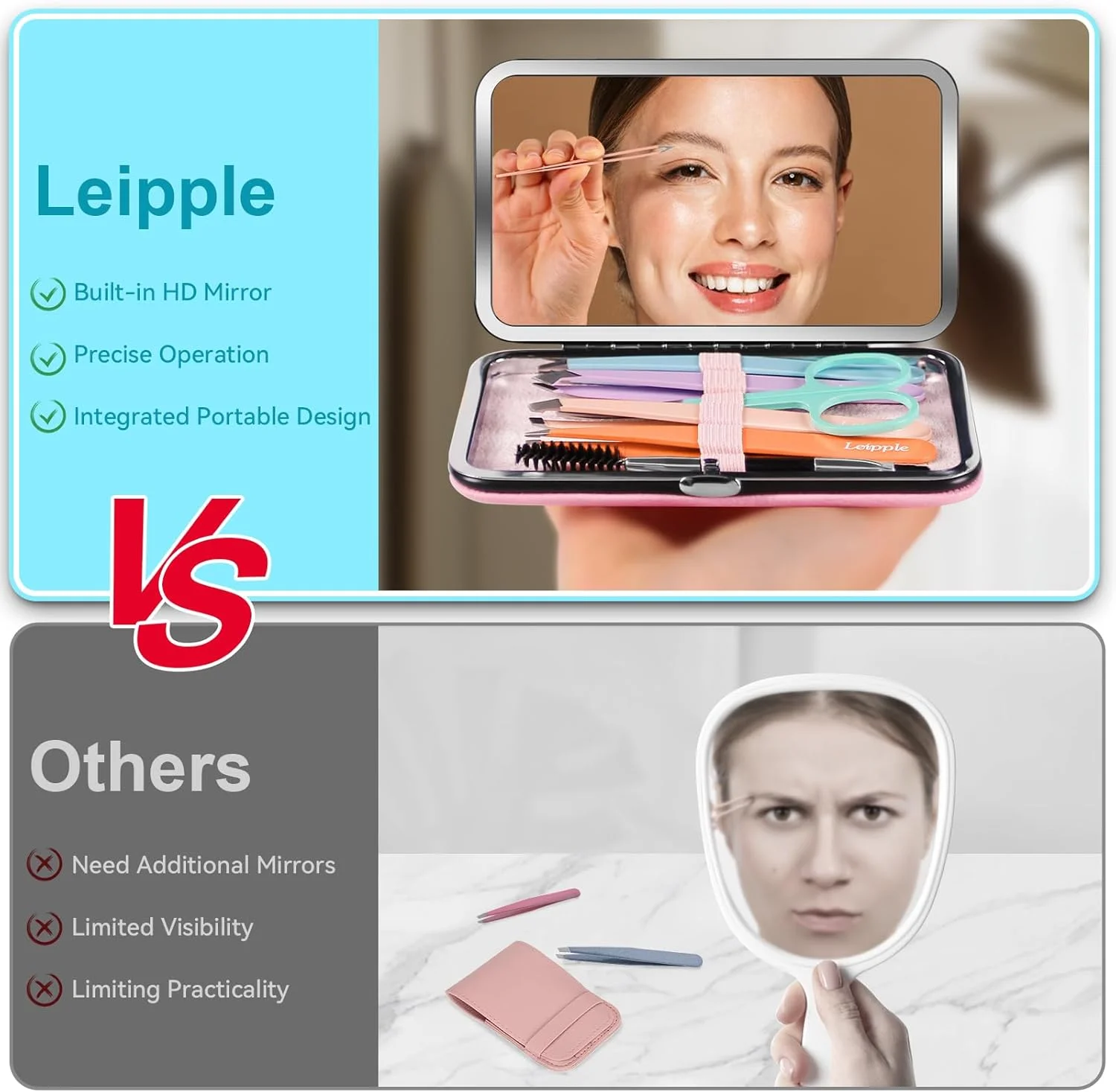 موچین زنانه Leipple برای موهای صورت - ست موچین دقیق با کیف مسافرتی - استیل ضد زنگ با قیچی و آینه (صورتی) موچین زنانه Leipple برای موهای صورت - ست موچین دقیق با کیف مسافرتی - استیل ضد زنگ با قیچی و آینه (صورتی)