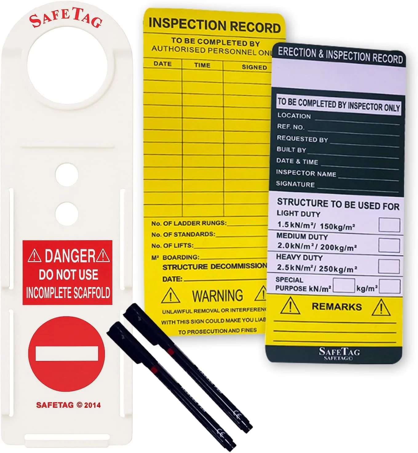 مجموعه 32 عددی شامل 10 نگهدارنده وضعیت داربست، 20 برگه درج اطلاعات و 2 قلم مارکر، برچسب بازرسی ایمنی ساخت داربست، علامت هشدار عدم استفاده از داربست