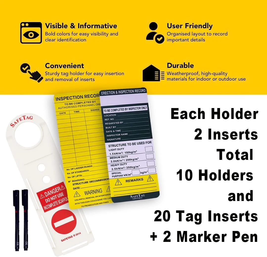 مجموعه 32 عددی شامل 10 نگهدارنده وضعیت داربست، 20 برگه درج اطلاعات و 2 قلم مارکر، برچسب بازرسی ایمنی ساخت داربست، علامت هشدار عدم استفاده از داربست