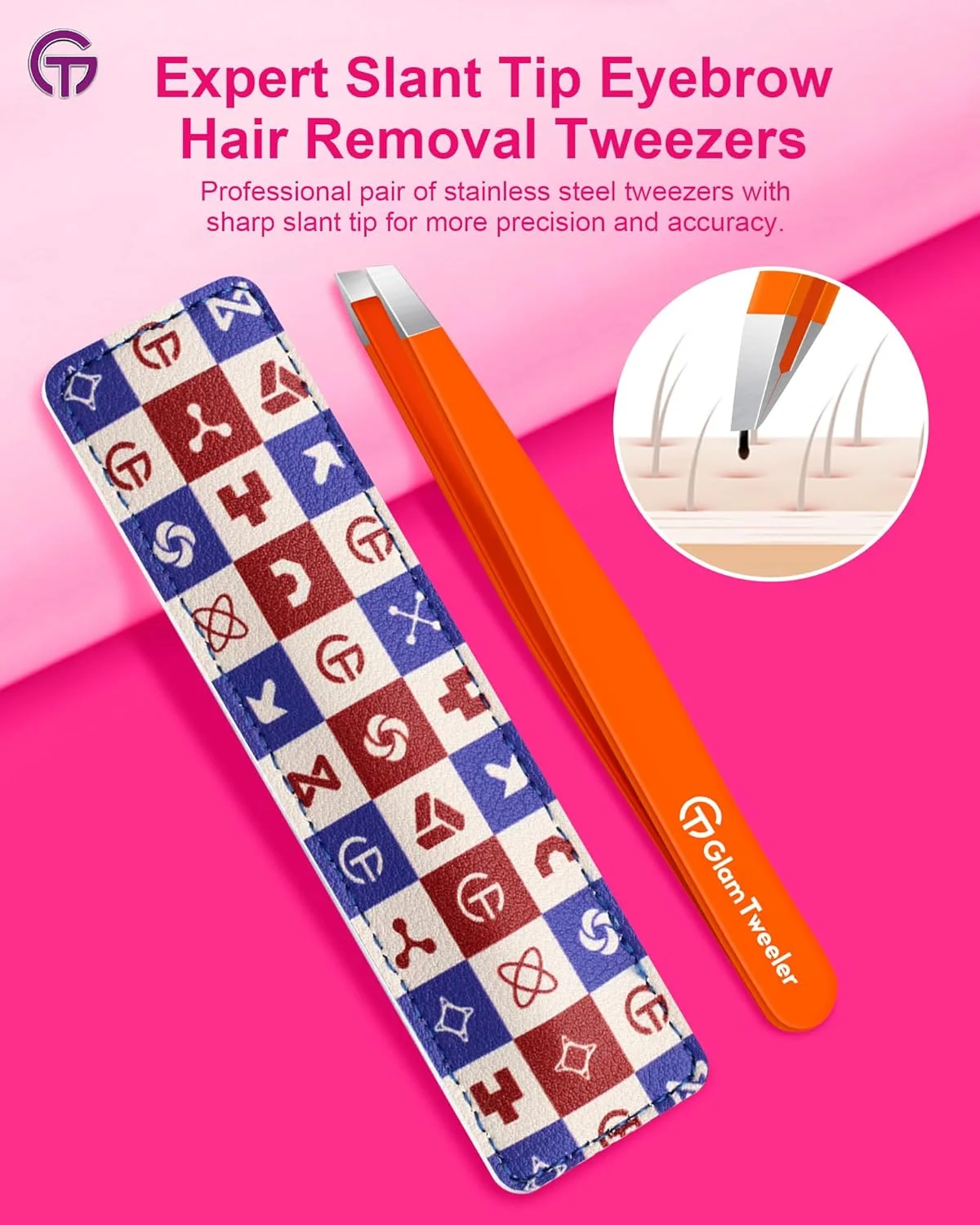 موچین حرفه ای GlamTweeler برای اصلاح ابرو به همراه کیف چرمی، موچین استیل ضد زنگ با نوک مورب و دقت بالا برای آقایان و بانوان (نارنجی) موچین حرفه ای GlamTweeler برای اصلاح ابرو به همراه کیف چرمی، موچین استیل ضد زنگ با نوک مورب و دقت بالا برای آقایان و بانوان (نارنجی)