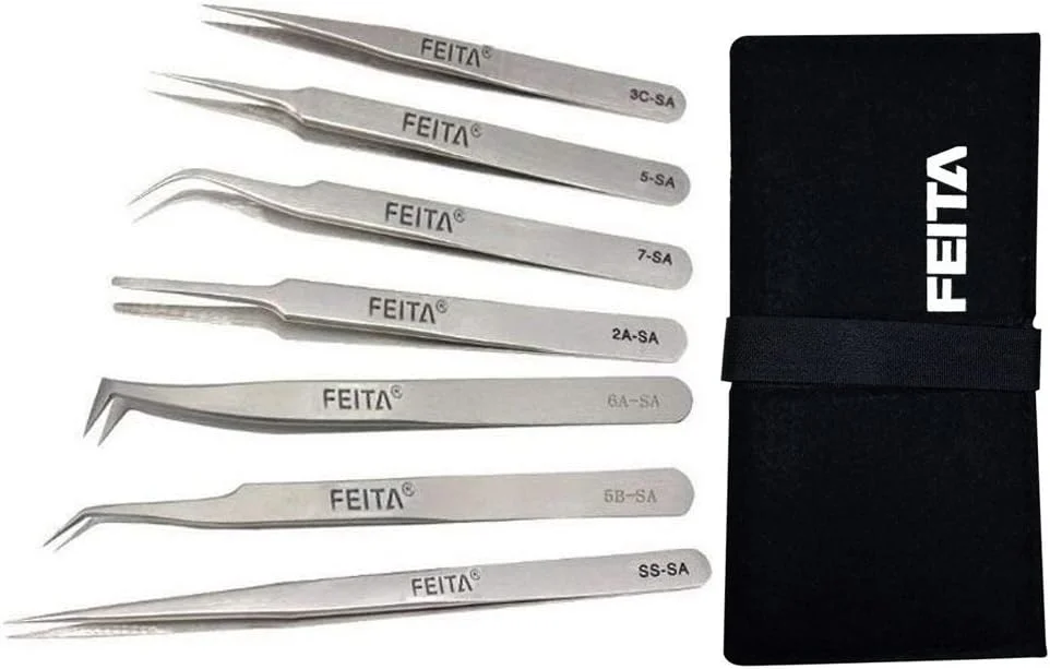 ست موچین حرفه ای FEITA - موچین های دقیق با کیف مسافرتی - موچین های استیل ضد زنگ برای کندن مو، ساعت سازان، جواهرات، الکترونیک، صنایع دستی (نقره ای 7 عددی) ست موچین حرفه ای FEITA - موچین های دقیق با کیف مسافرتی - موچین های استیل ضد زنگ برای کندن مو، ساعت سازان، جواهرات، الکترونیک، صنایع دستی (نقره ای 7 عددی)