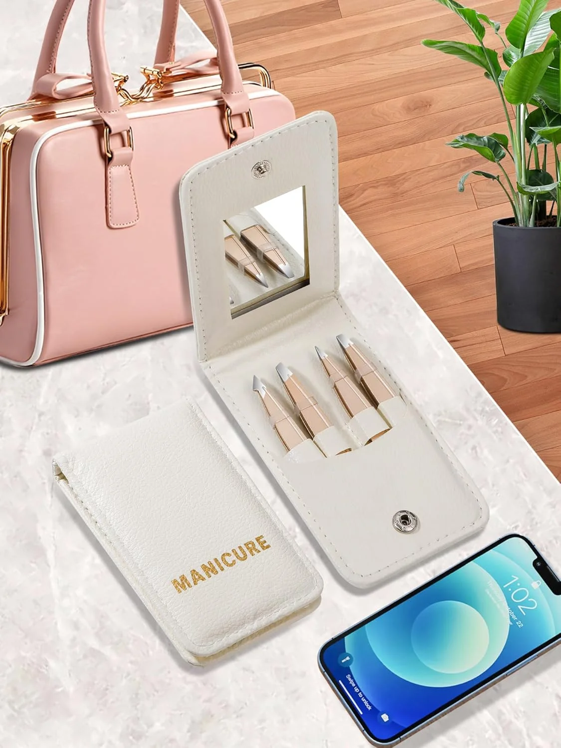 موچین ابرو زنانه برای موهای صورت: ست 4 عددی موچین استیل ضد زنگ به همراه کیف آینه مسافرتی