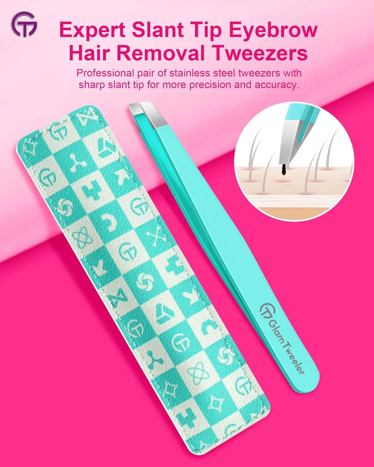 موچین حرفه ای اصلاح ابرو به همراه کیف چرمی، موچین استیل ضد زنگ نوک مورب با دقت بالا GlamTweeler برای آقایان و بانوان (آبی تخم مرغی رابین) موچین حرفه ای اصلاح ابرو به همراه کیف چرمی، موچین استیل ضد زنگ نوک مورب با دقت بالا GlamTweeler برای آقایان و بانوان (آبی تخم مرغی رابین)