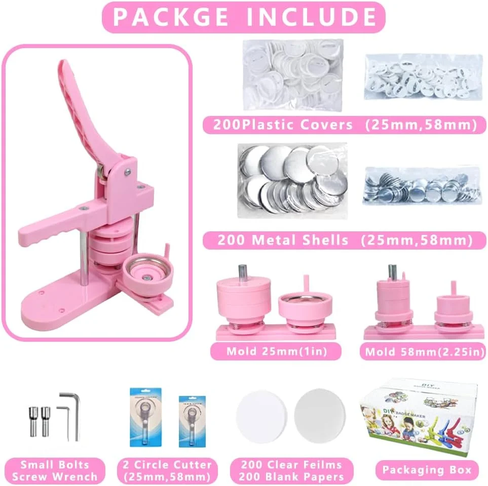 دستگاه دکمه ساز DCBADGE با اندازه های مختلف، کیت دستگاه دکمه ساز پین DIY با مدل های دکمه ای قابل تعویض 1+2.25 اینچی و 200 مجموعه رایگان قطعات دکمه ای 25+58 میلی متری و برش دایره ای و ابزار آچار دستگاه دکمه ساز DCBADGE با اندازه های مختلف، کیت دستگاه دکمه ساز پین DIY با مدل های دکمه ای قابل تعویض 1+2.25 اینچی و 200 مجموعه رایگان قطعات دکمه ای 25+58 میلی متری و برش دایره ای و ابزار آچار