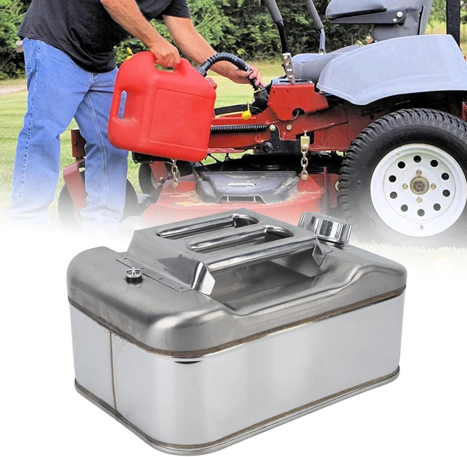 ظرف سوخت 10 لیتری Gearwell نقره ای از جنس استیل ضد زنگ، مناسب برای بنزین، آب و سایر مایعات، برای خودرو، ماشین چمن زنی، اره برقی و سایر تجهیزات ظرف سوخت 10 لیتری Gearwell نقره ای از جنس استیل ضد زنگ، مناسب برای بنزین، آب و سایر مایعات، برای خودرو، ماشین چمن زنی، اره برقی و سایر تجهیزات