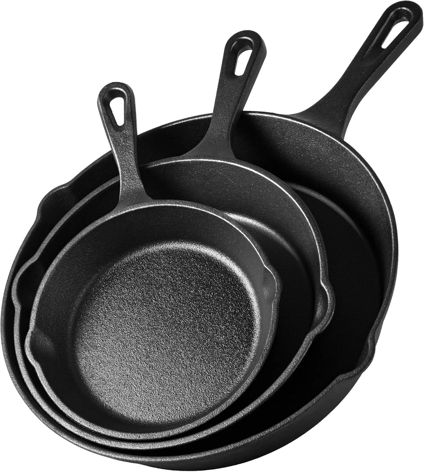ست ماهیتابه چدنی VonShef، ست 3 تکه تابه سرخ کردنی، ست تابه نچسب از پیش آماده شده برای انواع اجاق گاز، ست ماهیتابه سنگین و مقاوم مناسب فر با لبه های ریختن
