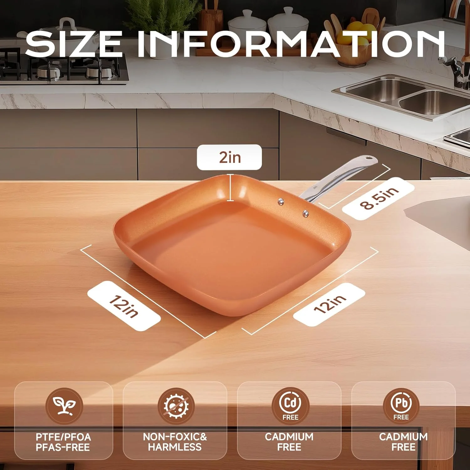 تابه مربع مسی نچسب Toutrop، تابه آشپزی 12 اینچی با پوشش سرامیکی، قابل استفاده در فر و ماشین ظرفشویی، بدون PFOA، مناسب برای استفاده خانگی و انواع اجاق گاز تابه مربع مسی نچسب Toutrop، تابه آشپزی 12 اینچی با پوشش سرامیکی، قابل استفاده در فر و ماشین ظرفشویی، بدون PFOA، مناسب برای استفاده خانگی و انواع اجاق گاز