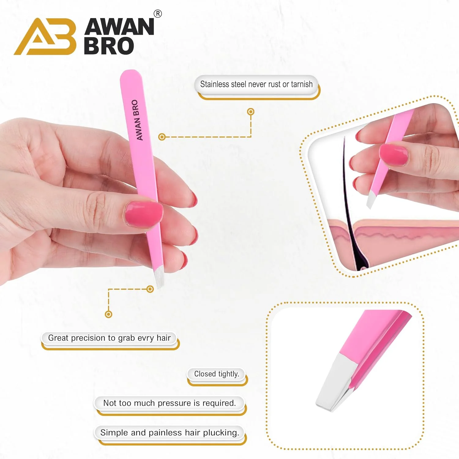 AWAB BRO - موچین ابرو دقیق برای از بین بردن موهای صورت زنان، مجموعه موچین صورتی 4 نوع نوک مورب، نوک تیز، گرد، تخت با کیف حمل برای از بین بردن موهای زیر پوستی و حالت دهنده ابرو. AWAB BRO - موچین ابرو دقیق برای از بین بردن موهای صورت زنان، مجموعه موچین صورتی 4 نوع نوک مورب، نوک تیز، گرد، تخت با کیف حمل برای از بین بردن موهای زیر پوستی و حالت دهنده ابرو.