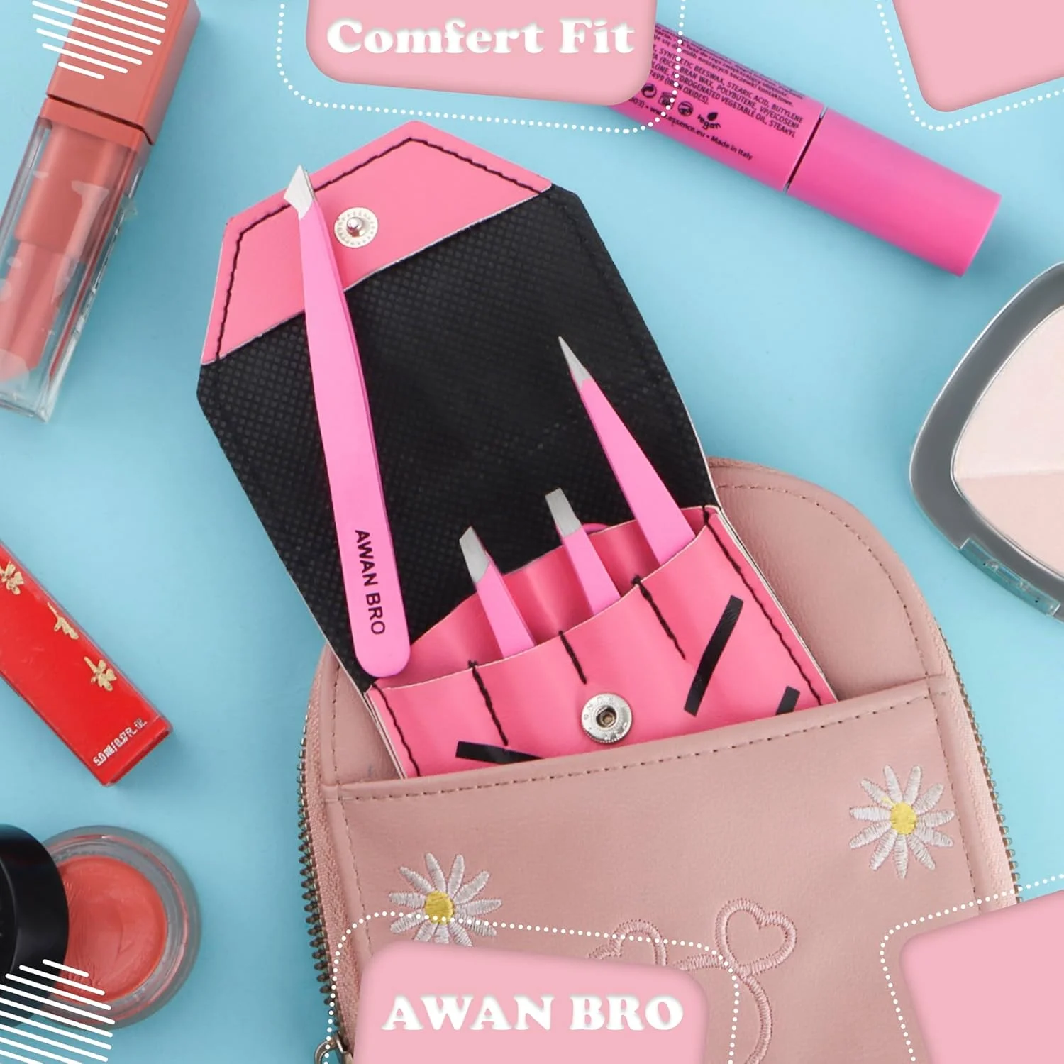 AWAB BRO - موچین ابرو دقیق برای از بین بردن موهای صورت زنان، ست موچین صورتی 4 تایی، نوک های مورب، نوک تیز، گرد و تخت با کیف حمل برای از بین بردن موهای زیر پوستی و حالت دهنده ابرو. AWAB BRO - موچین ابرو دقیق برای از بین بردن موهای صورت زنان، ست موچین صورتی 4 تایی، نوک های مورب، نوک تیز، گرد و تخت با کیف حمل برای از بین بردن موهای زیر پوستی و حالت دهنده ابرو.