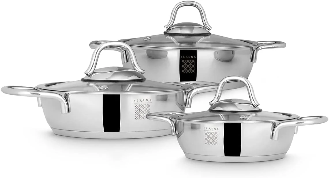 ست تابه تخم مرغ 6 پارچه سرنک، تابه استیل ضد زنگ 5، 6 و 7 اینچی با درب، تابه پخت املت حرفه ای، کپسول کف، قابل شستشو در ماشین ظرفشویی، ظروف پخت و پز القایی