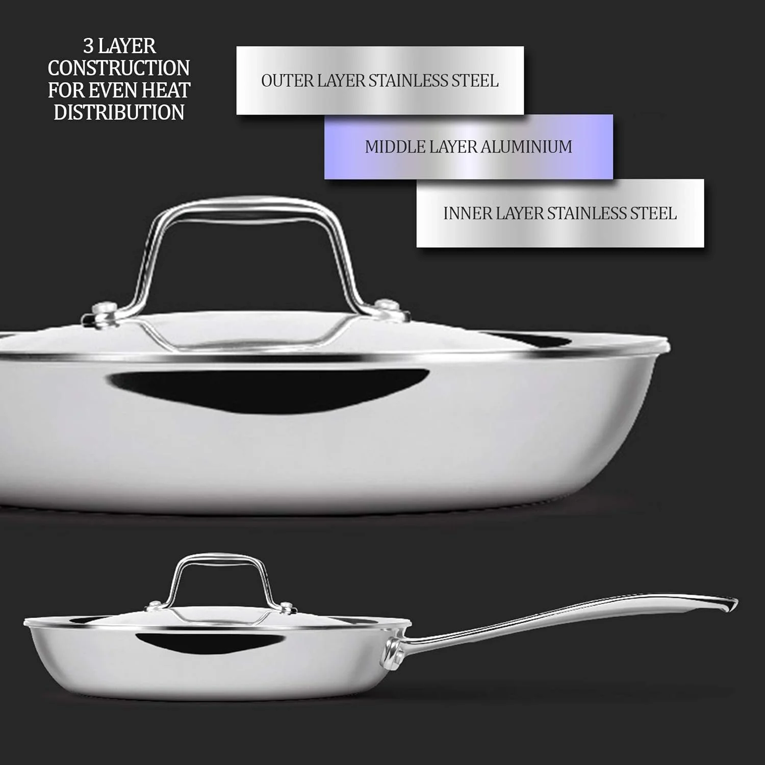 تابه میلتون Pro cook سایز 26 سانتی متر، استیل ضد زنگ سه لایه به همراه درب، 2.2 لیتر، تابه برای تهیه کاری، سرخ کردنی، املت، تابه سس، مناسب برای اجاق گاز و اجاق القایی