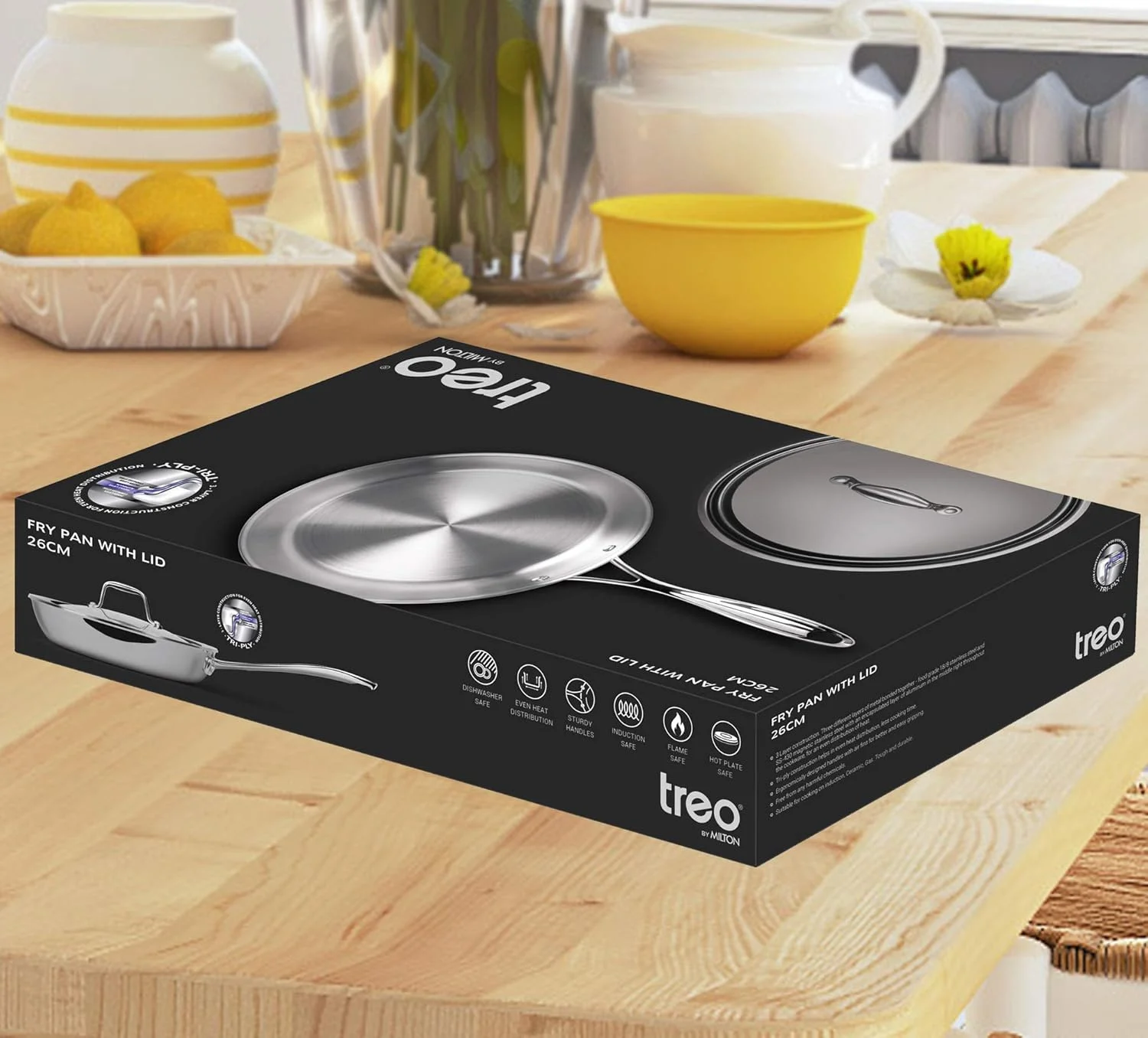 تابه میلتون Pro cook سایز 26 سانتی متر، استیل ضد زنگ سه لایه به همراه درب، 2.2 لیتر، تابه برای تهیه کاری، سرخ کردنی، املت، تابه سس، مناسب برای اجاق گاز و اجاق القایی