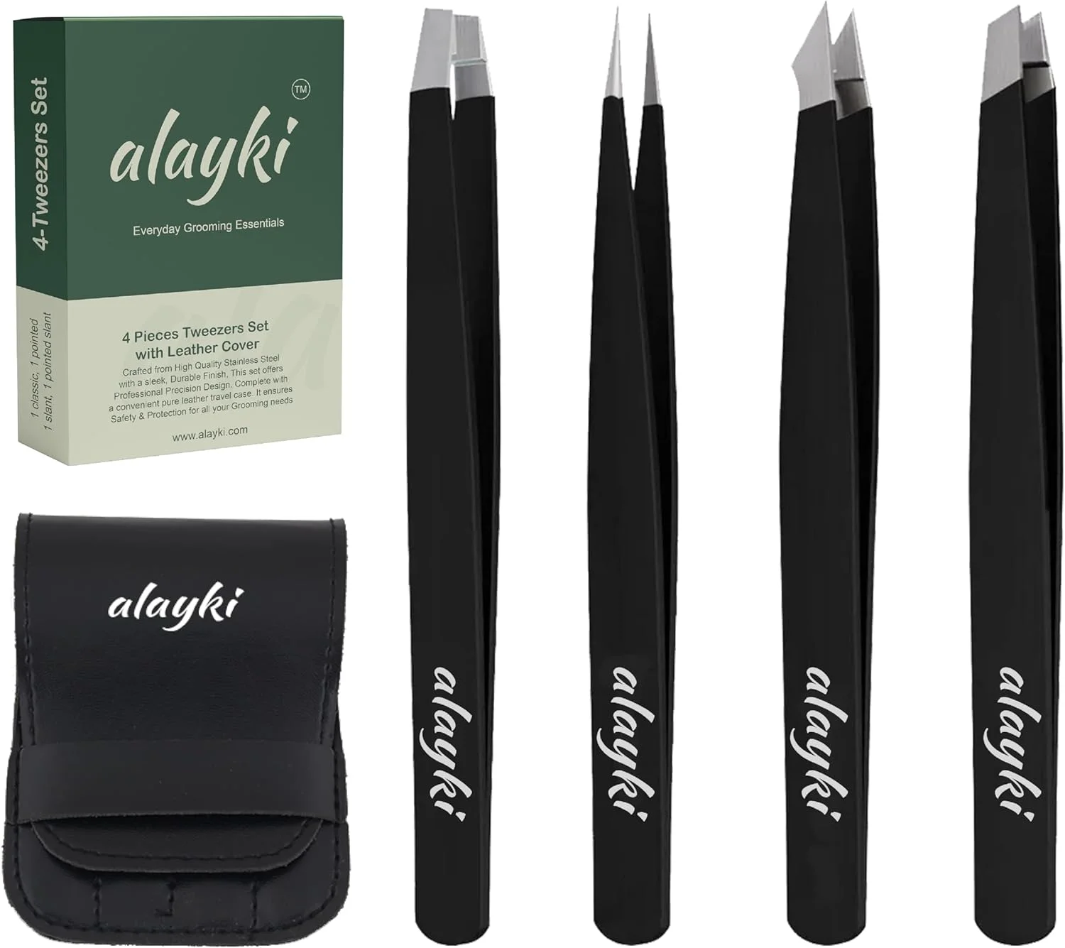 Alayki 4-Piece Stainless Steel Tweezer Set, 4 Pcs Tweezer Set perfect for shaping eyebrows, ensuring durability and accuracy with a convenient leather bag case for safe storage and easy portability. Alayki 4-Piece Stainless Steel Tweezer Set, 4 Pcs Tweezer Set perfect for shaping eyebrows, ensuring durability and accuracy with a convenient leather bag case for safe storage and easy portability.