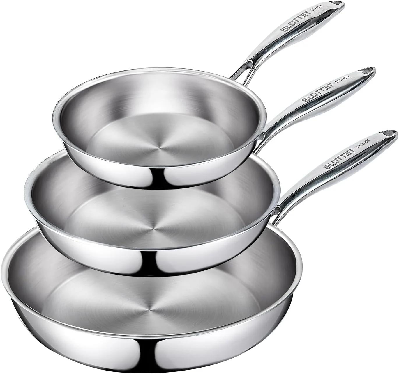 ست ماهیتابه استیل سه لایه SLOTTET در اندازه های 8-10-11.5 اینچ، بدون پوشش با دسته خنک، قابل استفاده در ماشین ظرفشویی و فر
