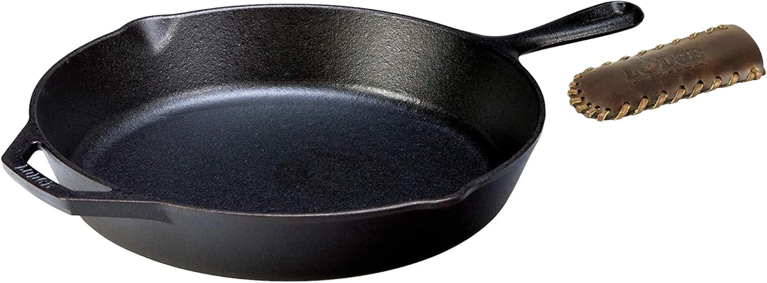 تابه چدنی لژ (30 سانتی متر، چرم نوکونا بدون دوخت) - تابه چدنی لژ با دسته داغ گیر - تابه سرخ کردنی چدنی 30 سانتی متری با دسته داغ گیر چرمی اصل