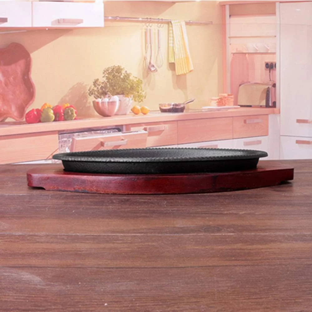 تابه چدنی لیجون جی پی 8 اینچی، بشقاب استیک با پایه چوبی، لوازم جانبی آشپزخانه رستورانی، تابه نچسب چدنی با دستگیره، مناسب برای اجاق گاز، اجاق القایی