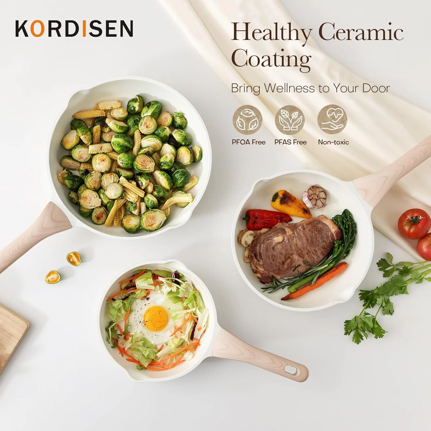 تابه سرامیکی نچسب کوردیسن، تابه سرامیکی 11 اینچی، تابه سالم و غیر سمی، دسته خنک شونده، سازگار با اجاق گازهای القایی، فاقد PFOA و PFAS، سفید