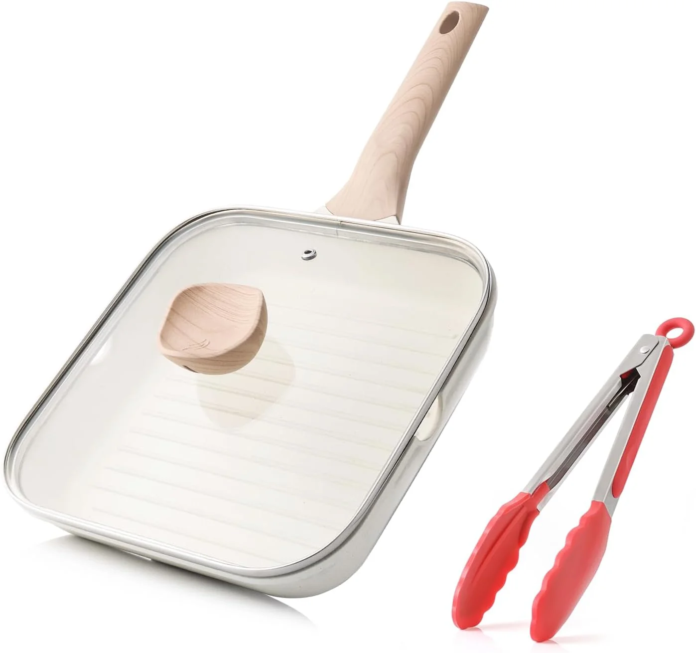 Kordisen Nonstick Grilling Pan with Lid for Stove Tops, 24cm Induction Square Grill Pan for Indoor Cooking, Granite Coating Steak Skillet with Pour Spouts, Versatile Griddle, White