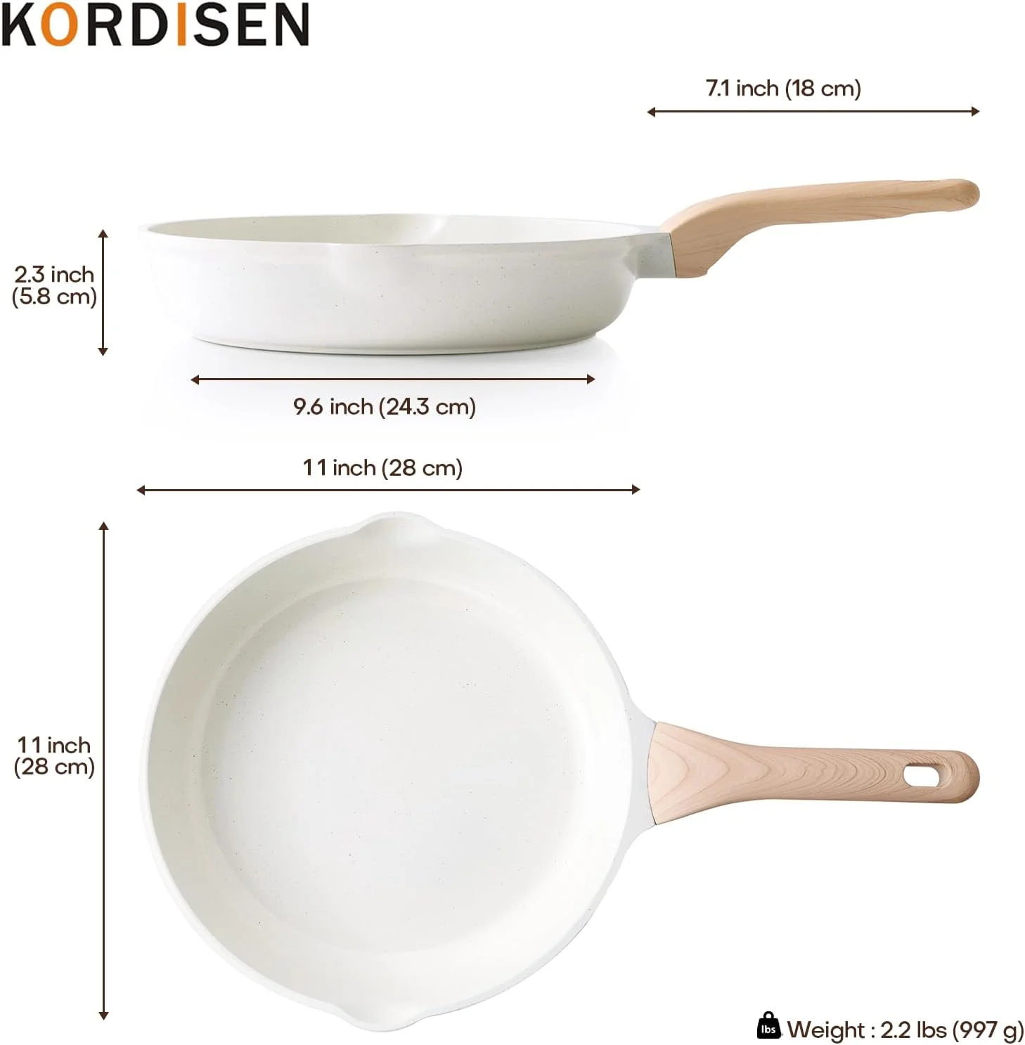 تابه سرامیکی نچسب کوردیسن، تابه سرامیکی 11 اینچی، تابه سالم و غیر سمی، دسته خنک شونده، سازگار با اجاق گازهای القایی، فاقد PFOA و PFAS، سفید