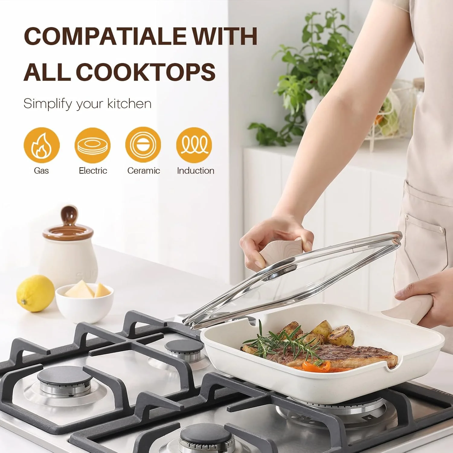 Kordisen Nonstick Grilling Pan with Lid for Stove Tops, 24cm Induction Square Grill Pan for Indoor Cooking, Granite Coating Steak Skillet with Pour Spouts, Versatile Griddle, White Kordisen Nonstick Grilling Pan with Lid for Stove Tops, 24cm Induction Square Grill Pan for Indoor Cooking, Granite Coating Steak Skillet with Pour Spouts, Versatile Griddle, White